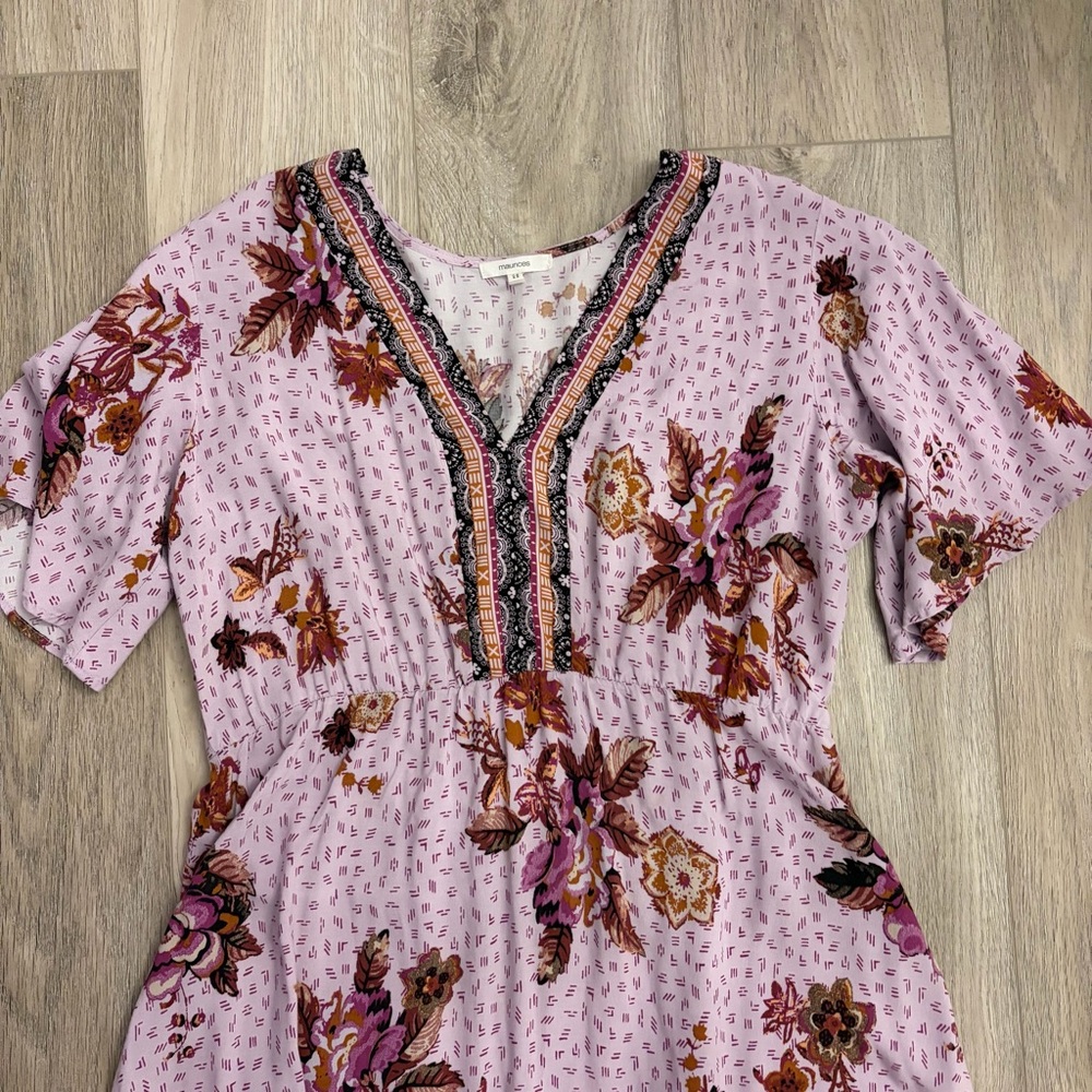 Purple Floral V Neck Midi Dress - Picture 3 of 5